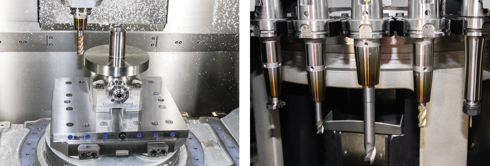 Left – Zone 5 is in the process of converting everything over to Lang. The conversion began with all new base plates for each of their pallets.Right - Their Hermle C400 has a 126-tool magazine. Each tool is held firmly in place by various Haimer tool holders.
